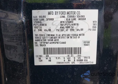 2005 Ford F-150 Fx4/Lariat/Xlt из США, поврежденный, VIN 1FTPW14595FB13460